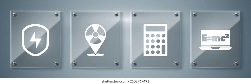 Set Equation solution, Calculator, Radioactive in location and Secure shield with lightning. Square glass panels. Vector