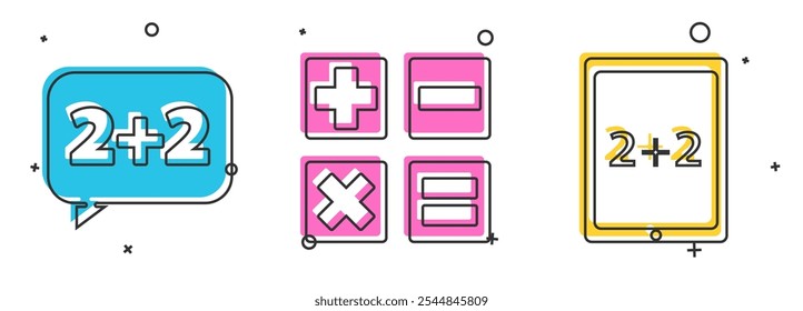 Set Equation solution, Calculator and Tablet with calculator icon. Vector