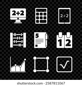 Set Equation solution, Calculator, Tablet with calculator, Graph, schedule, chart, diagram, Geometric figure Square, root, Abacus and Test exam sheet and pen icon. Vector