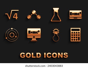Set Equation solution, Calculator, Test tube and flask, Solar system, Square root of 4 glyph and Molecule icon. Vector