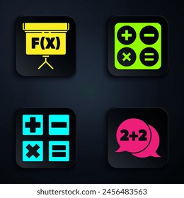 Set Equation solution, Chalkboard, Calculator and Calculator. Black square button. Vector