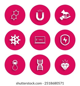 Solución de ecuación, símbolo de ADN, diamante, escudo seguro con relámpago, tubo de ensayo y frasco, virus e icono de fórmula química. Vector