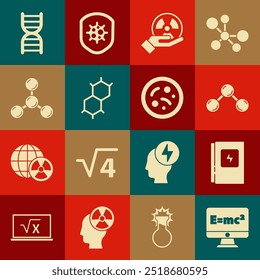 Definir Equação solução, painel elétrico, Molécula, Radioativo, Fórmula química, símbolo de DNA e ícone Bactérias. Vetor