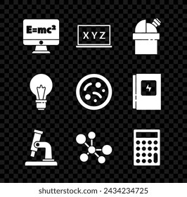 Set Equation Lösung, XYZ Koordinatensystem, Astronomisches Observatorium, Mikroskop, Molekül, Taschenrechner, Glühbirne mit Konzept der Idee und Bakterien Icon. Vektor