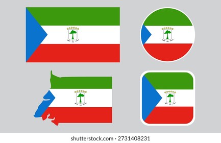 Um conjunto de ícones da bandeira da Guiné Equatorial. Um conjunto de bandeiras em formas quadradas, retangulares, redondas e de mapa. Ícones da bandeira.