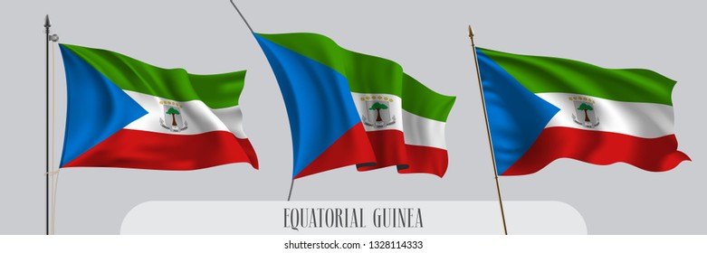 Set of Equatorial Guinea waving flag on isolated background vector illustration. 3 blue green Guinean wavy realistic flag as a patriotic symbol 