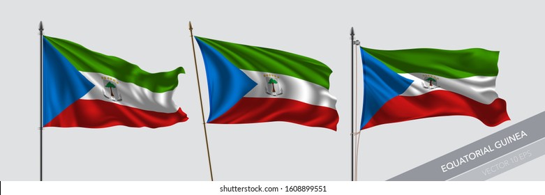 Set of Equatorial Guinea waving flag on isolated background vector illustration. 3 Guinean wavy realistic flag as a symbol of patriotism 