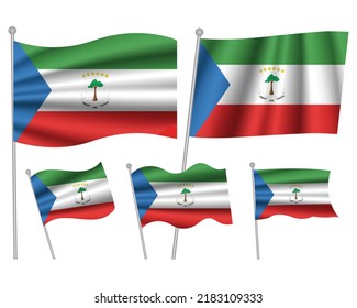 Set of Equatorial Guinea waving flag on isolated background vector illustration. 5 blue green Guinean wavy realistic flag as a patriotic symbol
