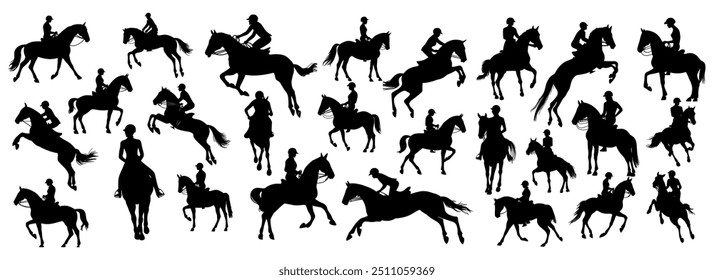 set of equestrian silhouette black and white in many profile side front view.