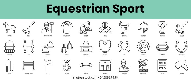 Set of equestrian sport icons. Linear style icon bundle. Vector Illustration