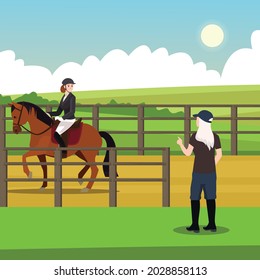 Set. Equestrian sports, horse riding. Woman jockey on a gray horse with apples. Isolated vector silhouette on a blue background. Original stylish social media icon, stickers