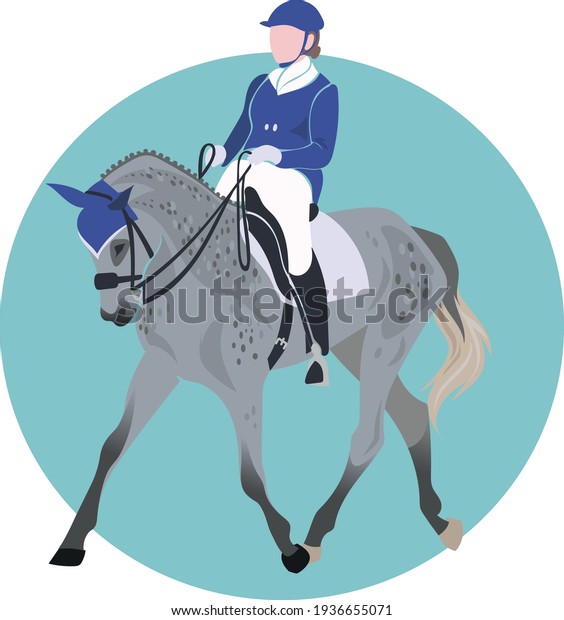 Set. Equestrian
sports, horse riding. Woman jockey on a gray horse with apples.
Isolated vector silhouette on a blue background. Original stylish
social media icon,
stickers