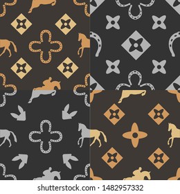 Set of Equestrian theme seamless patterns with horse, horsehat, horseshoe and clover illustration