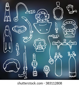 A set of equipment and accessories for diving. White contours