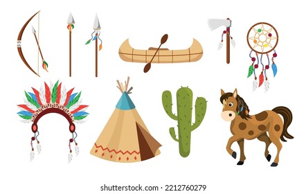 Equipo de los indios americanos al estilo de las caricaturas. Ilustración vectorial de arco y flecha, lanza, tomahawk, mustang, canoa, wigwam, corona de plumas, tambor chamánico, cactus sobre fondo blanco.
