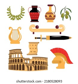 Set of equipment from ancient Romans in cartoon style. Vector illustration of wreaths with olive branch, jugs, clay pots, olives, harp, sword, helmet, coliseum, scroll, sofa on white background.