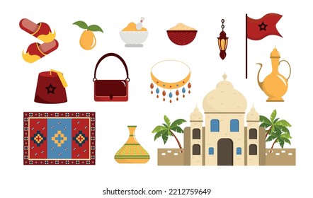 Equipo en países árabes al estilo de las caricaturas. Ilustración vectorial de las zapatillas árabes, sombreros, jarras, jarrones, bolsas, alfombras, collares, lámparas, especias, bandera marruecos, castillo o templo sobre fondo blanco