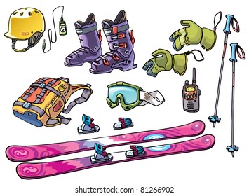 The set of the equipment of a backcountry freerider: the ski, the bindings, the ski boots, the hard hat with the good ride music, the goggles, the gloves and the waterproof high range radio.