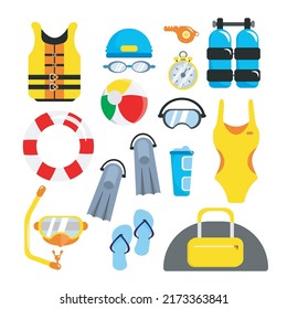 Die Strandausstattung ist im Cartoon-Stil gehalten. Vektorgrafik von Tasche, Badeanzug, Schwimmweste, Schwimmweste, Rettungsweste, Pfeife, Luftbehälter, Flossen, Tauchbrille, Beachball auf weißem Hintergrund.