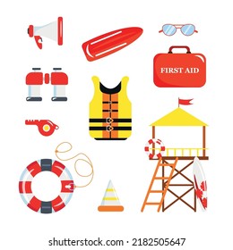 Set of equipment beach lifeguards in cartoon style. Vector illustration of loudspeaker, sunglasses, life buoy and vest, whistle, binoculars, buoys, first aid kit, stretcher on white background.