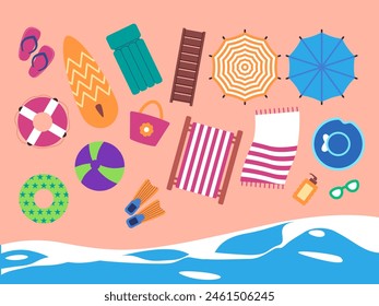 set equipment beach umbrella deck chair hat ball slippers floating mat diving shoes and inflatable swimming tube lifebuoy
