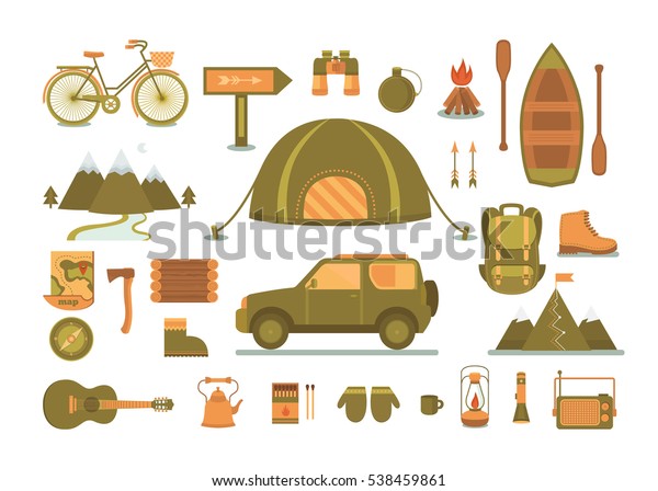 Set of\
equipment for camping. Adventure outdoors collection elements:\
tent, suv, boat, mountains, backpack, binoculars, compass, guitar\
and other. Activity and travel vector\
icons.