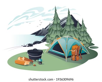 Set of equipment for camping and climbing on a landscape mountain background: backpack, tent, wood, ax, cauldron, cups. Cartoon vector illustration