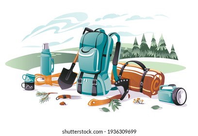 
Set of equipment for camping and climbing on a landscape background: backpack, rug, shovel, ax, flashlight, thermos. Cartoon vector illustration