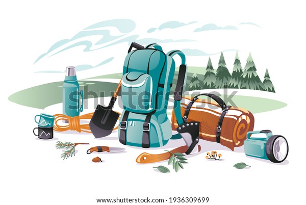 \
Set of equipment for camping and climbing\
on a landscape background: backpack, rug, shovel, ax, flashlight,\
thermos. Cartoon vector\
illustration