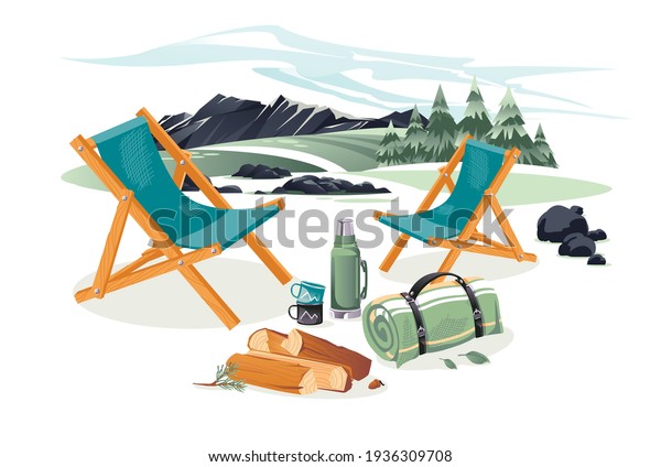 Set of equipment for camping and climbing on\
a landscape background: chairs, rug, shovel, ax, cups, thermos.\
Cartoon vector\
illustration