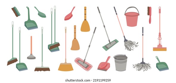 Set of equipment for cleaning, disinfection, washing floor, removing dust. Vector illustration isolated on white background. Cleaning service concept. Housework, household chores. Flat cleaning items.