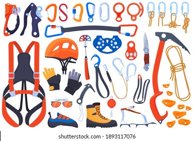 Set of equipment for climbing, climbers. Insurance, carbines, ice ax. Helmet, boots, claws, gloves. Extreme sports. Vector illustration