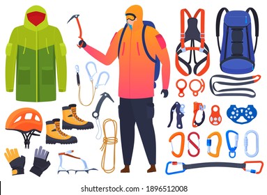 Set of equipment for climbing, climbers. Insurance, carbines, ice ax. Helmet, boots, claws, gloves. Extreme sports. Vector illustration