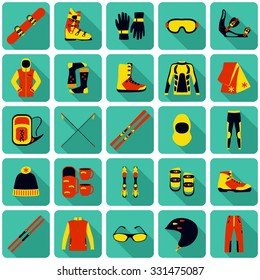 Set of equipment, cloth and shoes for winter kind of sports. Snowbord, mountain skies, cross country skies. Special protection cloth and shoes. Flat long shadow design. Vector illustration.