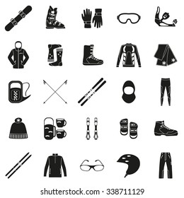 Set of equipment, cloth and shoes for winter kind of sports. Snowbord, mountain skies, cross country skies. Special protection cloth and shoes. Silhouette design. Ski icons series. Vector illustration