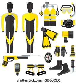 Set of equipment and clothes for professional diving in sea and ocean. Mask, suit, oxygen cylinders, knife, compass and lantern. Flat vector cartoon illustration. Objects isolated on background.