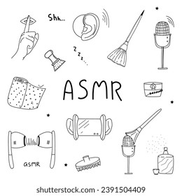  Set of equipment for the creation of Asmr. Asmr blog content. Doodle style illustrations.