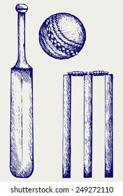 Set equipment for cricket. Cricket bat and ball. Doodle style