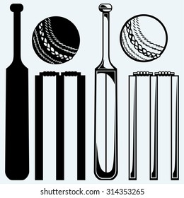 Set equipment for cricket. Cricket bat and ball. Isolated on blue background