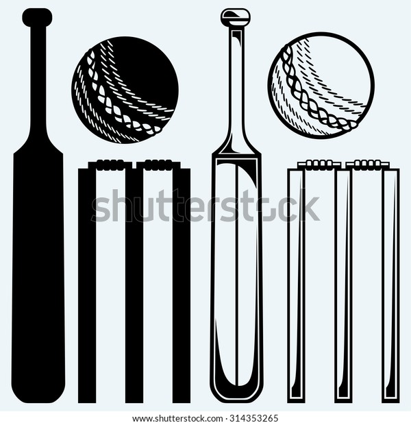 Set equipment for cricket. Cricket bat and\
ball. Isolated on blue\
background