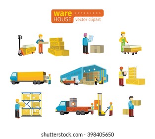 Set of equipment delivery process of the warehouse. Interior logistics and factory, warehouse building exterior, business delivery, storage cargo vector illustration