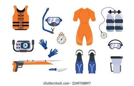 Set of equipment for diving in cartoon style. Vector illustration of life jacket, wetsuit, fins, diving mask, gloves, air tanks, harpoon on white background.