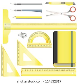 Set of equipment for drafting and drawing with transparent plastic rulers, pencil, model knife, scissors and yellow sketchbook