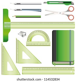 Set of equipment for drafting and drawing with transparent plastic rulers, pencil, model knife, scissors and green sketchbook