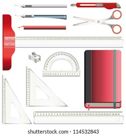 Set of equipment for drafting and drawing with transparent plastic rulers, pencil, model knife, scissors and red sketchbook