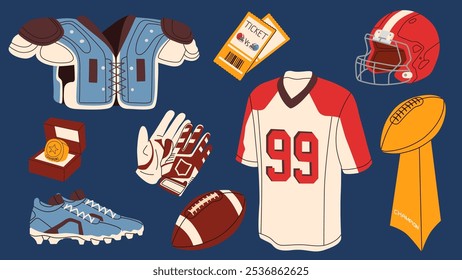 Set of equipment elements for playing American football. Uniform, helmet, ball, gloves, boots isolated on a dark background.