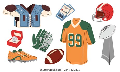 Set of equipment elements for playing American football. Uniform, helmet, ball, gloves, boots isolated on white background.