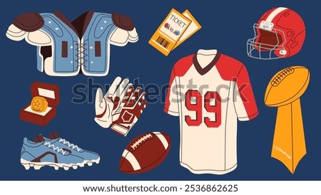 Set of equipment elements for playing American football. Uniform, helmet, ball, gloves, boots isolated on a dark background.