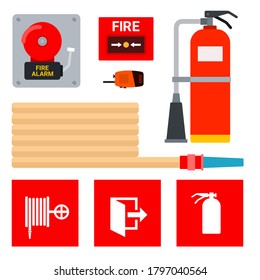 Conjunto de equipos para la alarma y extinción de incendios y señales de su ubicación de ilustración vectorial