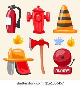 Set of equipment of firefighter career with Fire Extinguisher, Gloves, Boots, Hose, hard hat, safety equipment during work, drawing isolated on white background, vector illustration